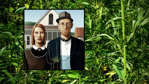Two farmers in the style of American Gothic in a pot field