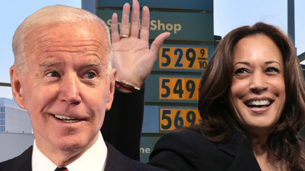 Joe Biden and Kamala Harris in front of a gas sign