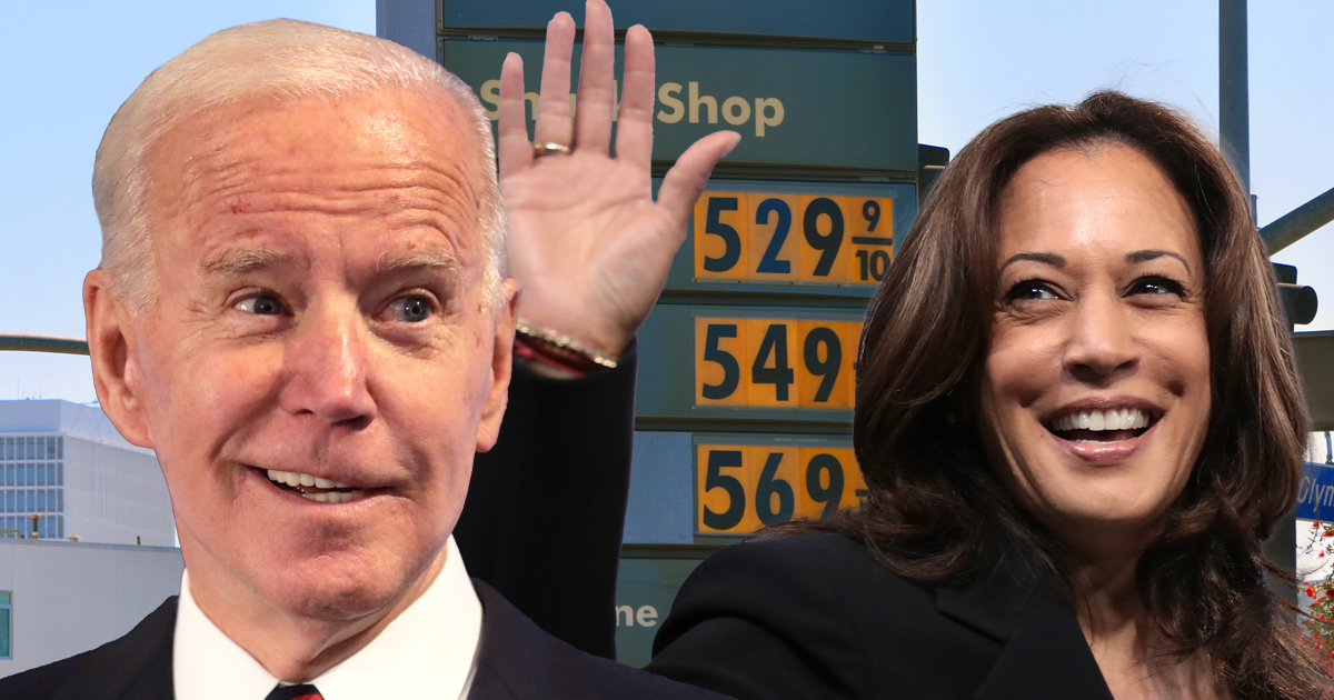 Joe Biden and Kamala Harris in front of a gas sign