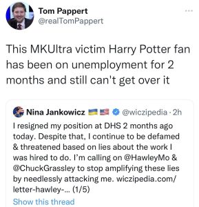 Tweet that says "This MKUltra victim Harry Potter fan has been on unemployment for 2 months and still can't get over it"
