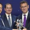 President Isaac Herzog, founder and Chairman of The Genesis Prize Foundation Stan Polovets and Dr. Albert Bourla at Award ceremony