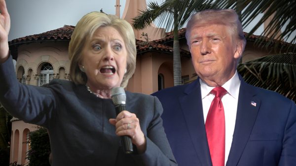 Composite of Hillary Clinton and Donald Trump outside Mar-a-Lago