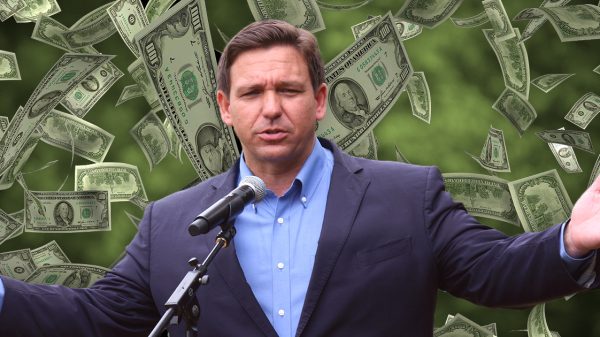 Ron DeSantis surrounded by dollar bills composite