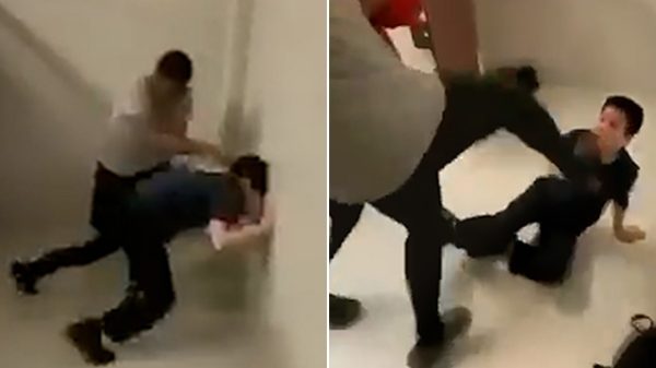 Still images from video showing a white teen being assaulted by a black teen