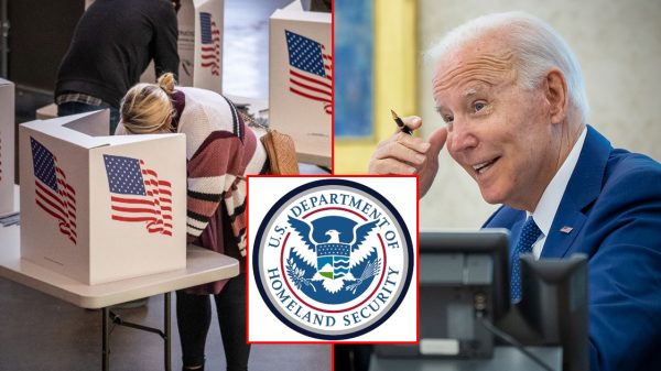 Composite image showing a person voting, Joe Biden, and the DHS logo