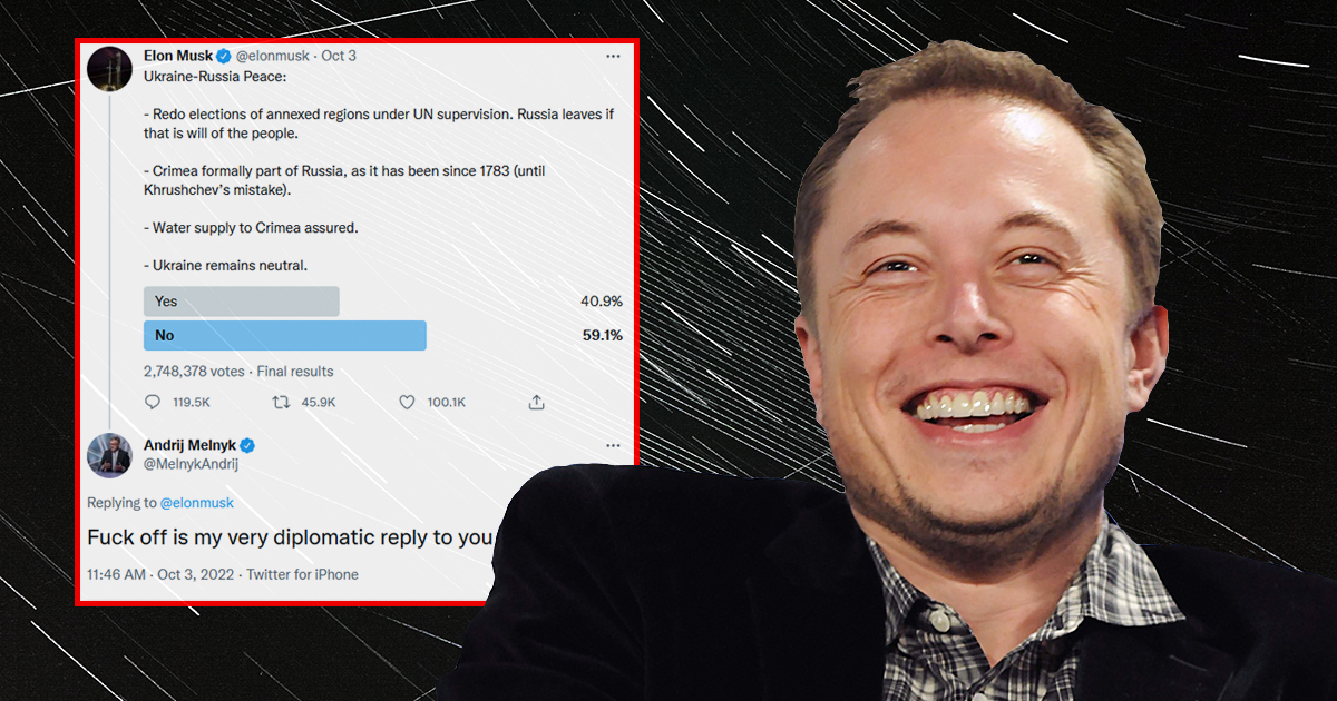 Composite showing Elon Musk in the foreground with the offensive tweet and Starlink satellites in the background