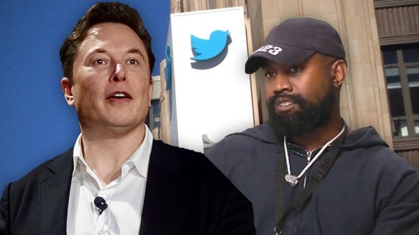 Composite image with Elon Musk and Kanye West outside the Twitter headquarters