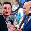 Composite image showing Elon Musk and Joe Biden outside Twitter HQ