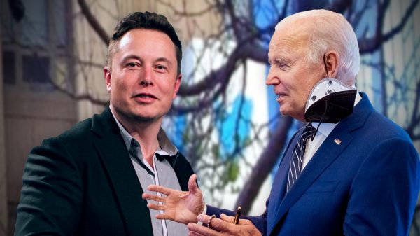 Composite image showing Elon Musk and Joe Biden outside Twitter HQ