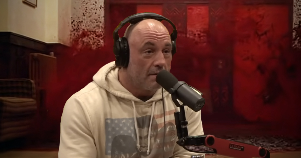 Composite image showing Joe Rogan sitting in front of the elevator scene from the shining