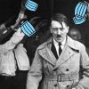Edited image showing Nazi officers throw cartoon face masks toward genocidal dictator Adolf Hitler