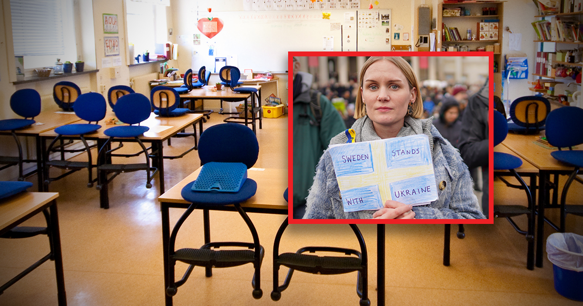 An empty classroom in Sweden composed with a Swedish woman holding a sign that says Sweden stands with Ukraine
