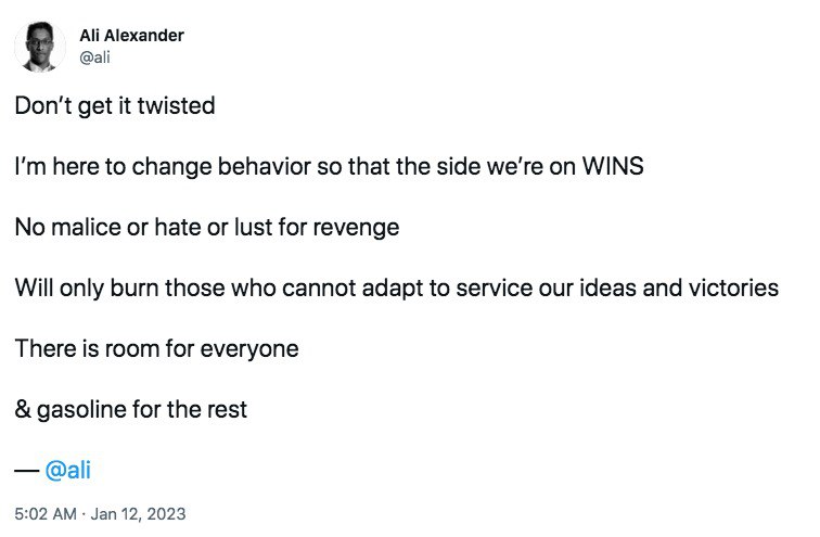 Ali Alexander's tweet featuring Ye lyrics