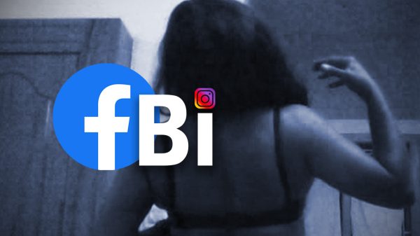 Woman with a modified FBI logo using the Facebook and Instagram logos