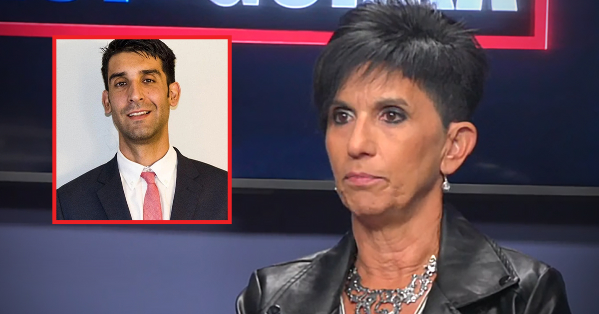 Gina Perna with a photo of her nephew Matthew Perna wearing a suit