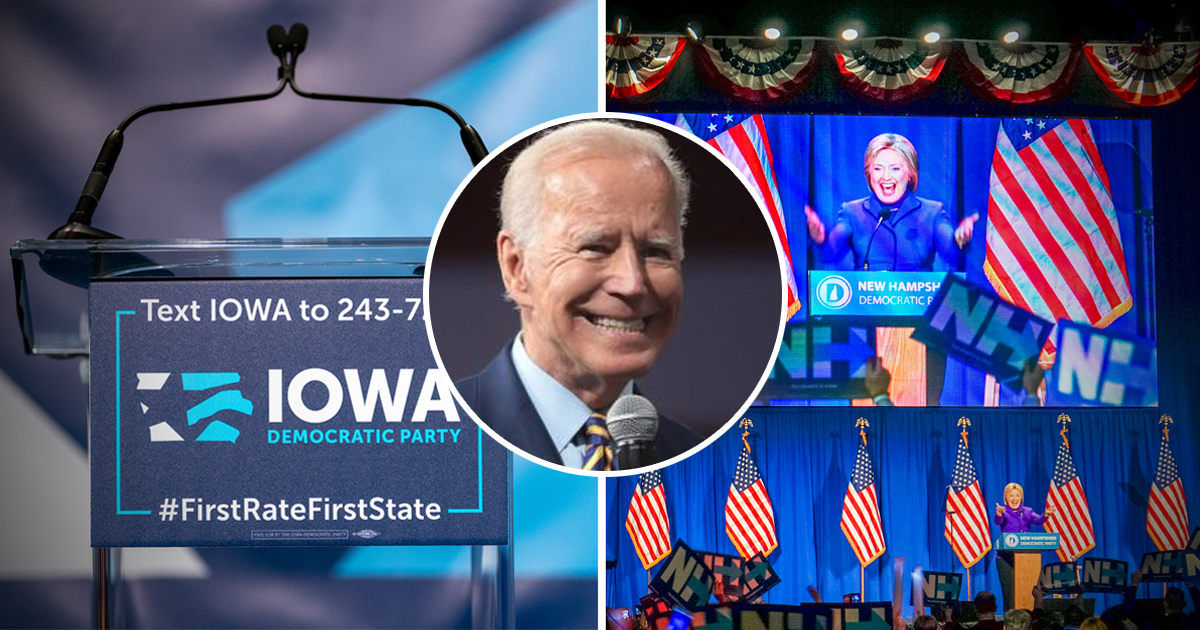 Composite showing Biden smiling with a Democratic Party sign in Iowa and Hillary Clinton campaigning in New Hampshire in 2016