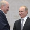 Belarus President Alexander Lukashenko and Russian President Vladimir Putin on stage