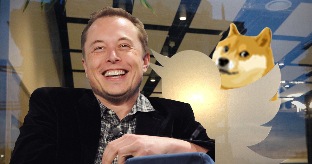Elon Musk with the Twitter and Doge logos