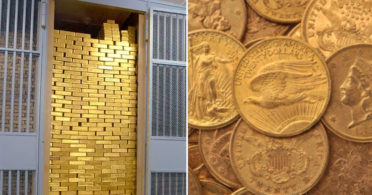 Gold bars in a vault and coins on a table