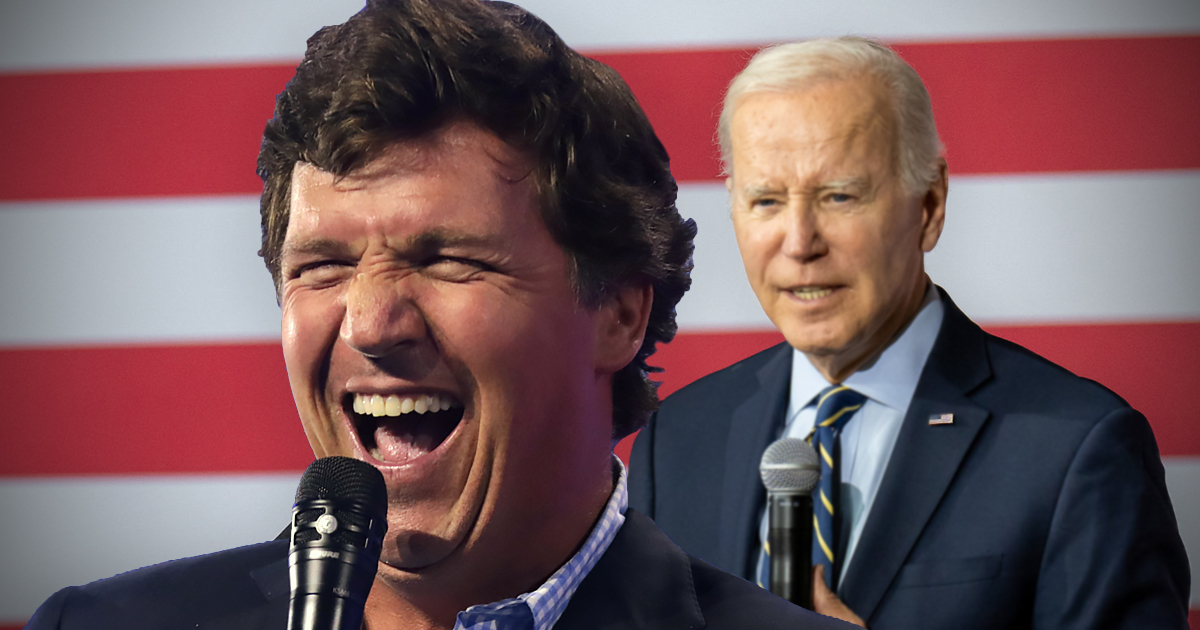 Composite of Tucker Carlson and Joe Biden against an American flag