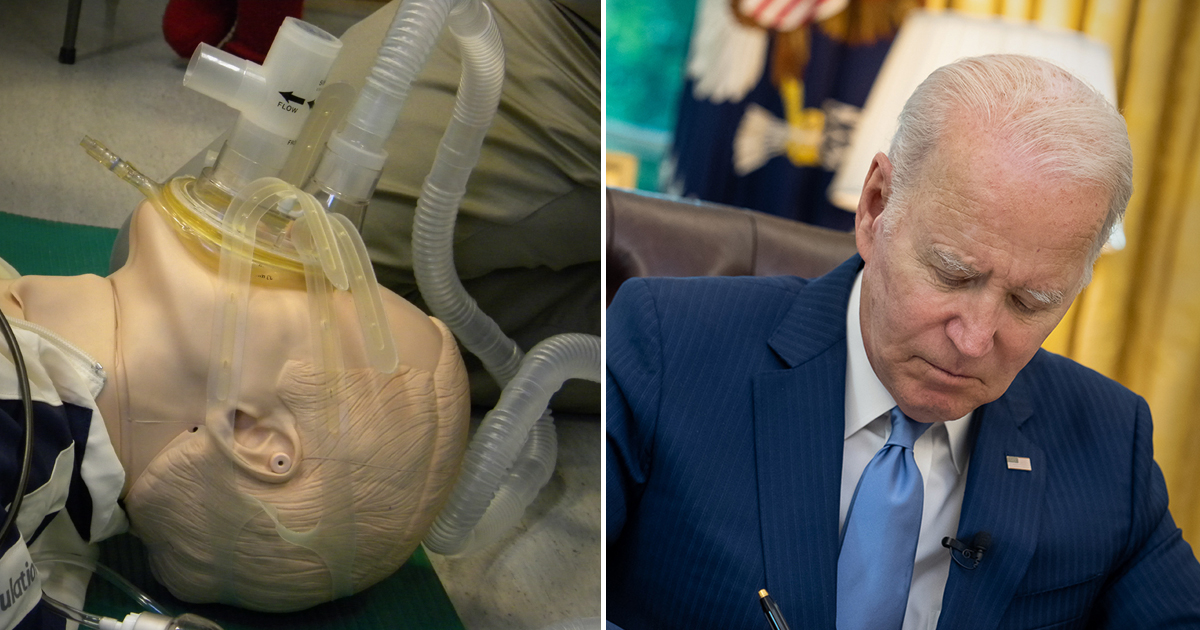 A dummy using a CPAP machine and Joe Biden