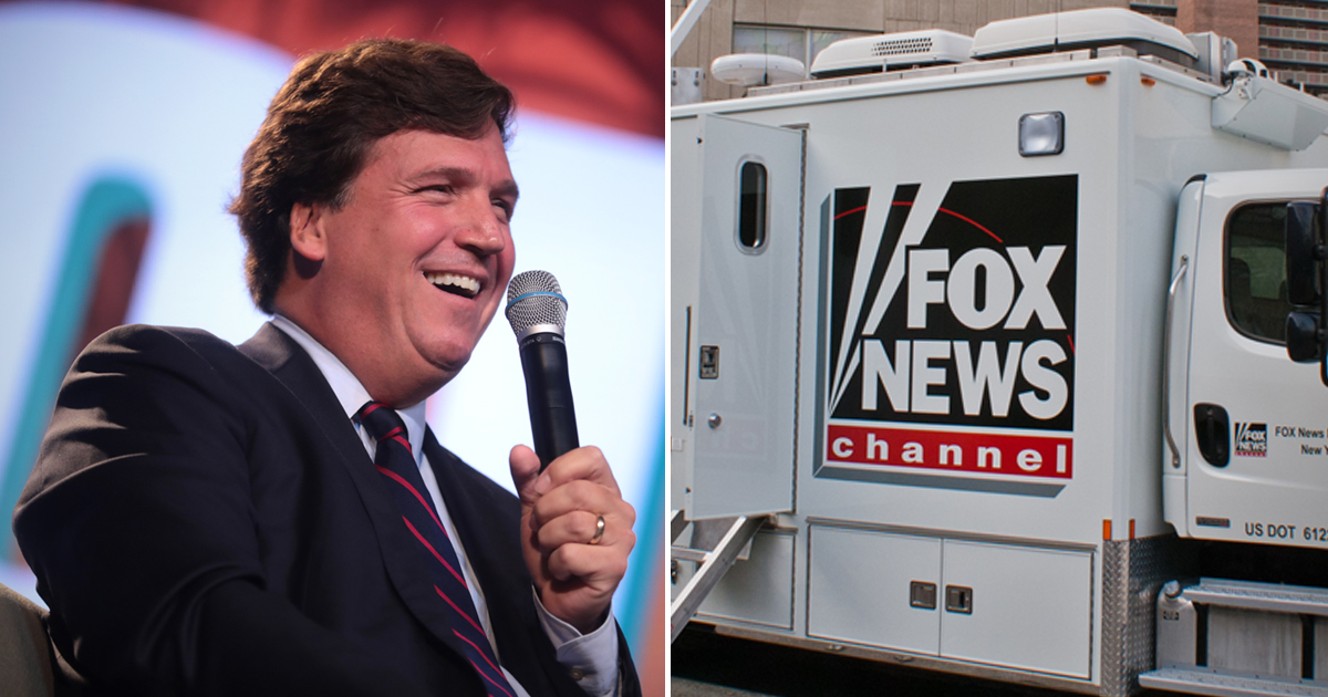 Tucker Carlson and a Fox News satellite truck