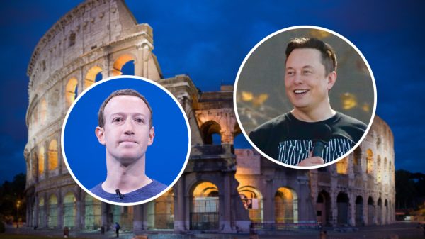 A photograph of the Colosseum with Zuckerberg and Musk