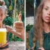 Two images of the influencer, one holding a smoothy