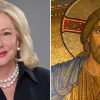 A headshot of Nancy Pulte Rickard and a mosaic of Jesus of Nazareth