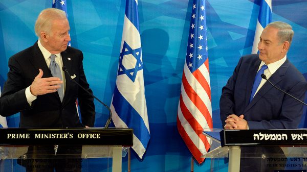 Joe Biden and Benjamin Netanyahu speak at flanking podiums