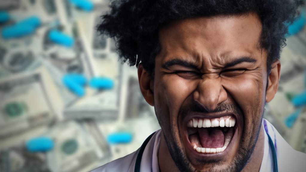 A man laughing in front of money and pills