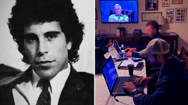 Left side is Jeffrey Epstein, right side is two men using computers while Epstein watches above them on a television set