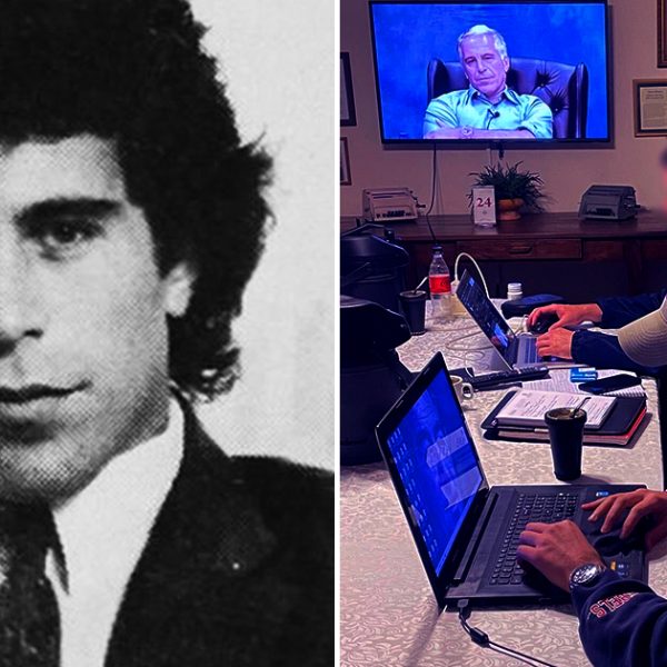 Left side is Jeffrey Epstein, right side is two men using computers while Epstein watches above them on a television set